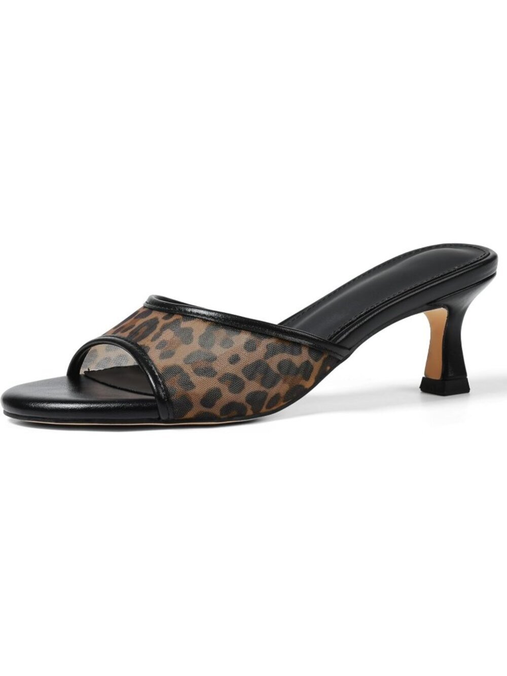 Women's Round Open Toe Slip On Kitten Heels Slides Sandals Leopard Mesh Heels